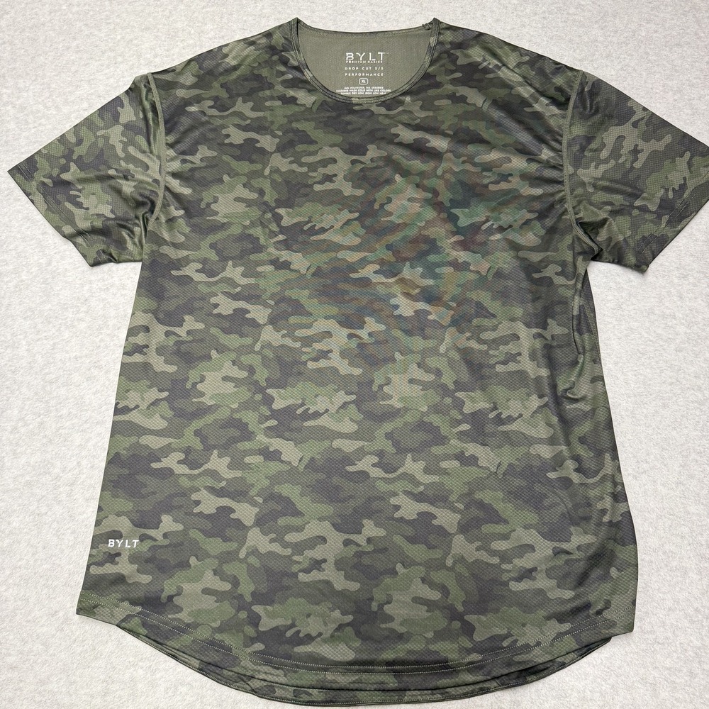 BYLT Shirt Mens XL Green Camo Drop Cut Performance Mesh Athletic Training Tee
